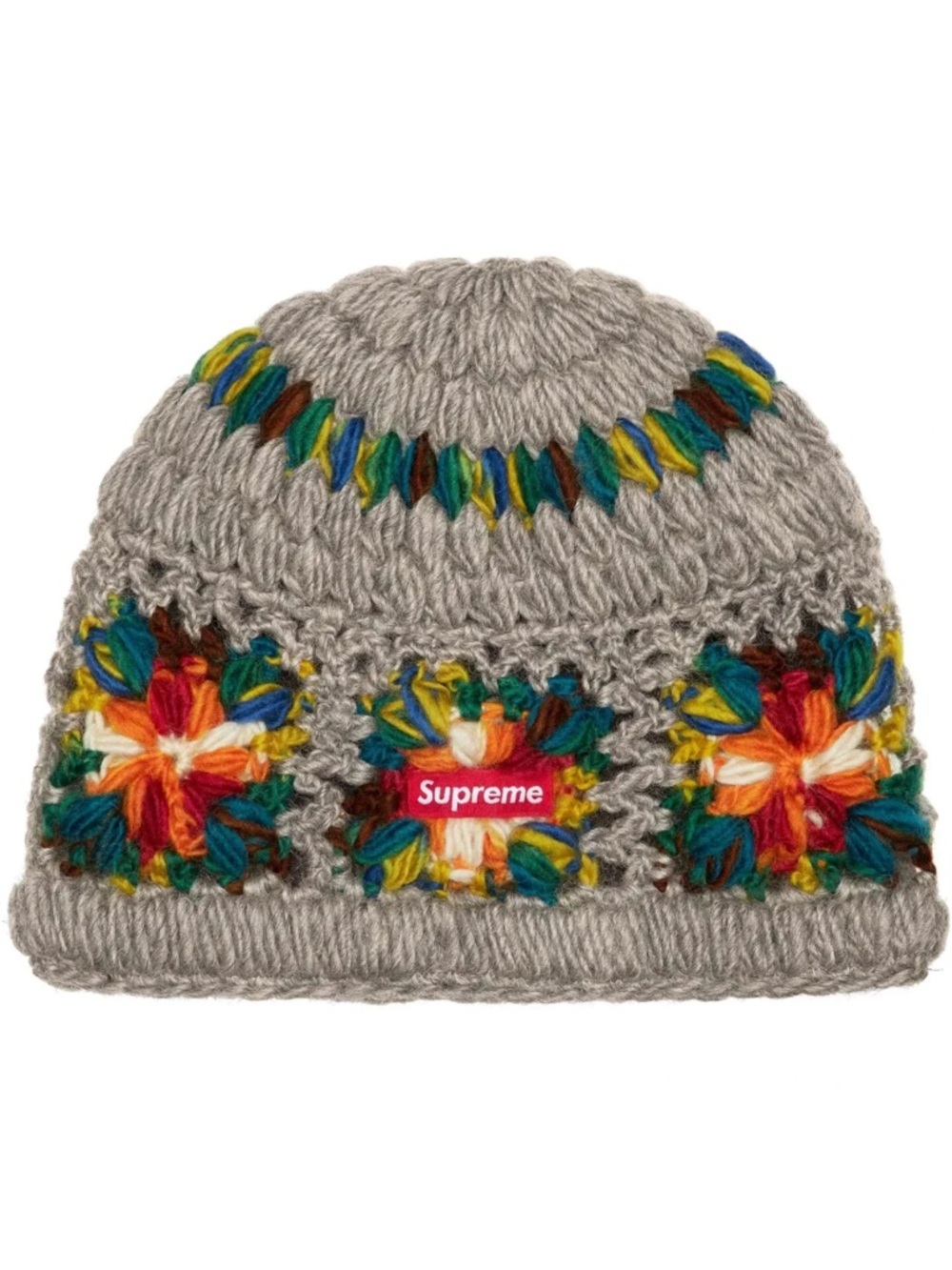 Supreme Crochet Beanie SS25 Gray Multicolor Floral Box Logo OS